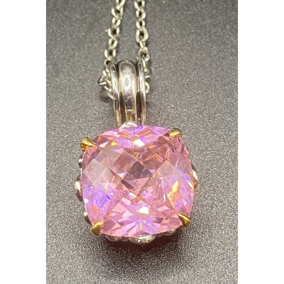 Two-tone Necklace Cushion Cut Pink CZ Renaissance Revival 16" + 3" Barbiecore - Picture 5 of 13